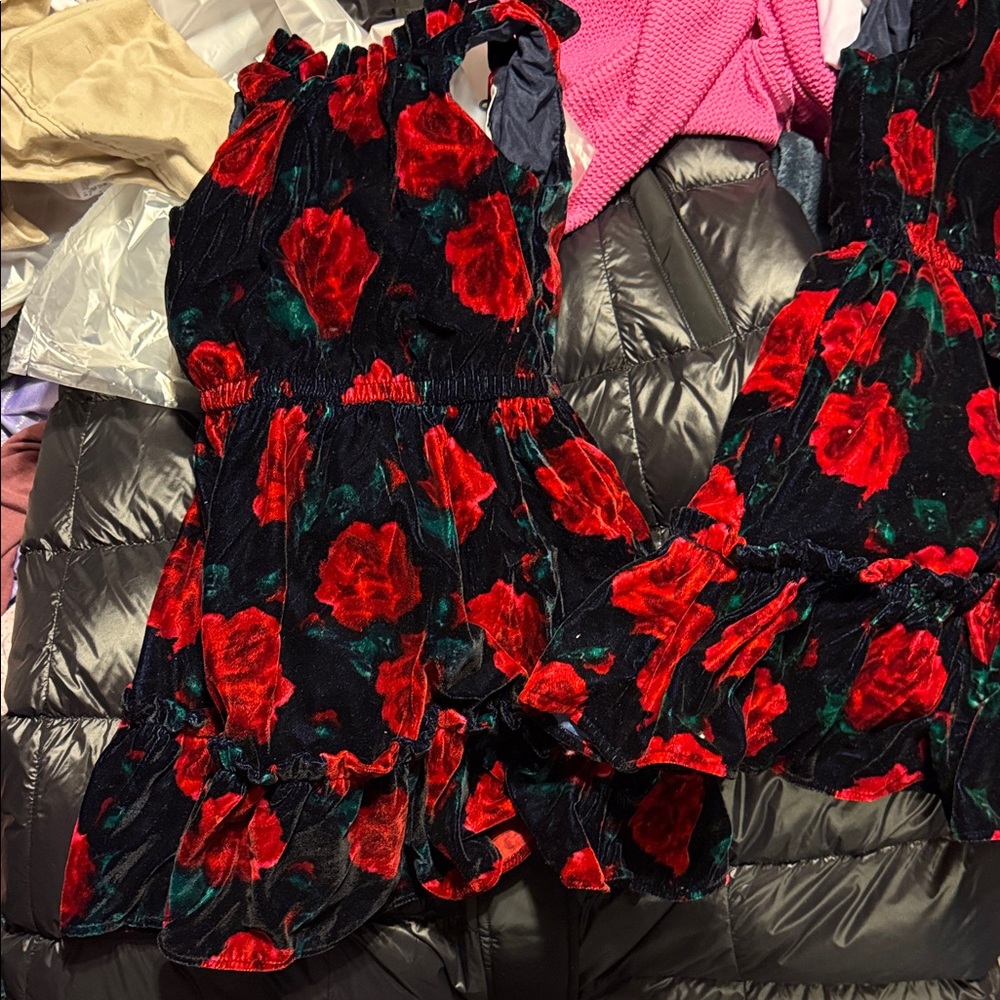 Janie and Jack Red and Green Floral dress velvet  2T new without tag and 3T new